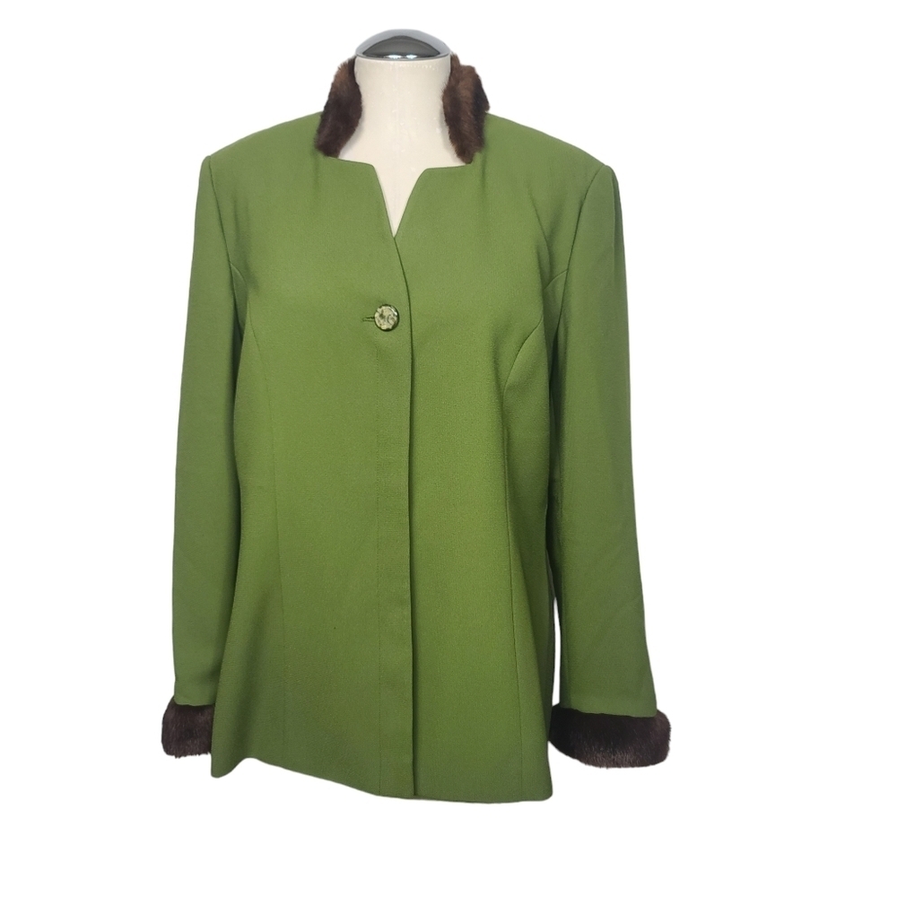 Emily... Green Brown Faux Fur Trim Button Down Jacket 14